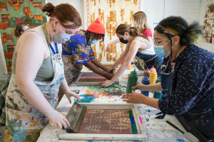 SADI 2021 students learning how to screen print at the Fabric Workshop and Museum