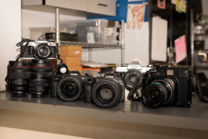 Cameras on the shelf in the equipment cage.