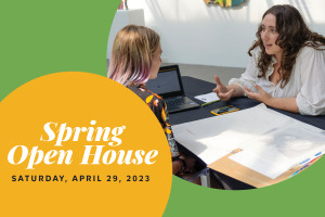 Spring 2023 Open House Graphic. Text reads: Spring Open House, Saturday, April 29, 2023. Photo in upper right corner of a Moore admissions counselor talking to a prospective student.