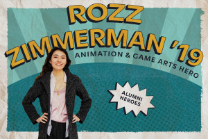 Rozz Zimmerman ’19 Animation & Game Arts Hero Alumni Heroes comic book style graphic with Rozz's headshot