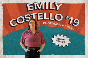 Emily Costello '19 Photography Hero Alumni Heroes! Comic book stylized graphic with Emily's headshot