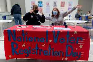 Moore Student Government Association members Alex Brewster ’22 (left) and Devyn Jackson ’22 provided registration forms and information about absentee ballots on the ninth annual National Voter Registration Day.