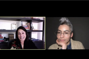 Maureen Pelta and Julia Pelta Feldman appear side by side on a split screen. Maureen is at a desk with a bookshelf behind her. Julia has a dark background behind her.