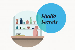 Clipart of a shelf with pottery reading "Studio Secrets"