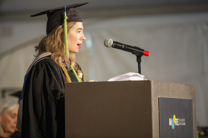 Photo of Shannon Ferrari addressing the crowd from the podium.