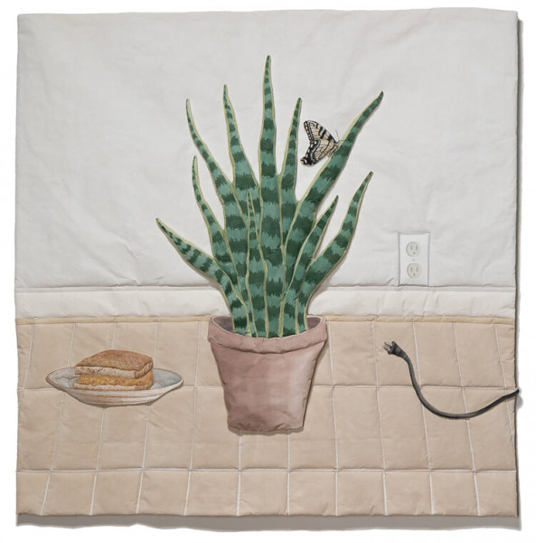 Photo of Kay S. Healy's soft sculpture Fabric Objects featuring a sandwich on a plate, a butterfly sitting on a leafy plant, and an electric plug and socket