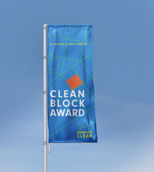 Mockup of a street banner that reads "Clean Block Award" as part of the Kensington Clean brand identity project.