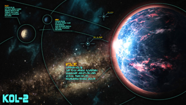 Graphic of an interface highlighting Kol-2, a planet from Jonathan Nevair's Goodbye to the Sun with unrecognizable writing designed by Stephen Wood.