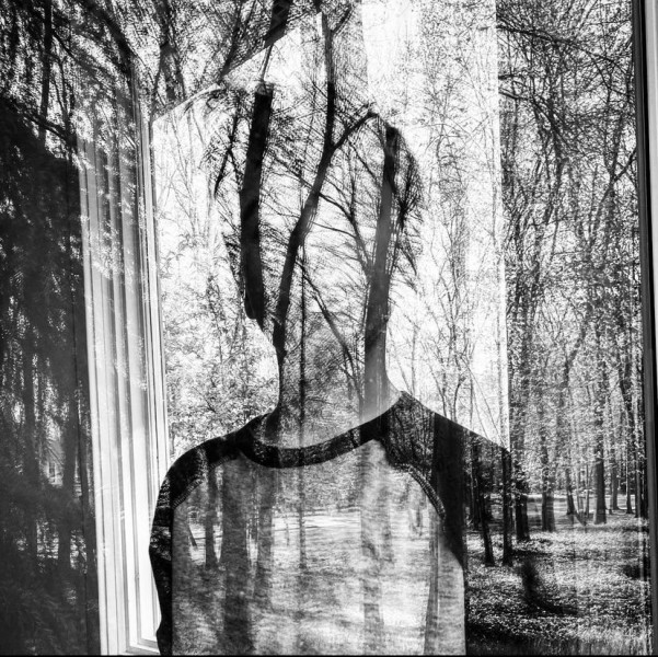 Silhouette of a young boy whose features are obscured by a reflection of trees outside