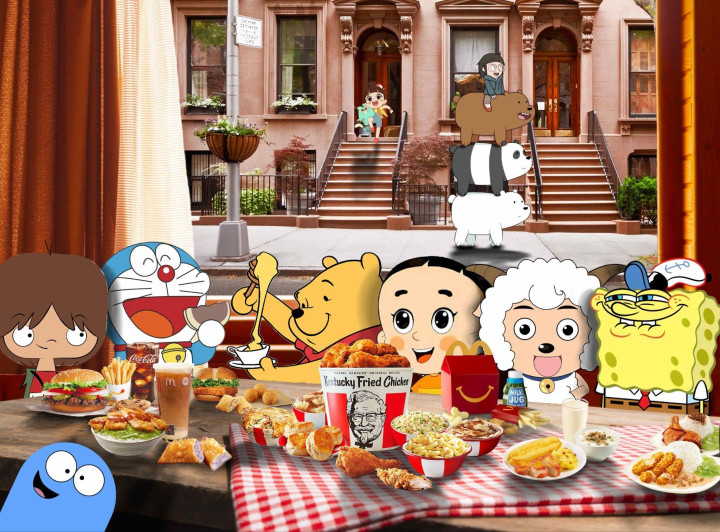 Collage of various animated cartoon characters sitting around a table