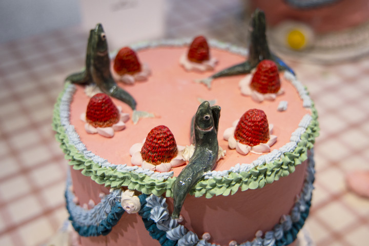 closeup of fish decoration on a cake sculpture